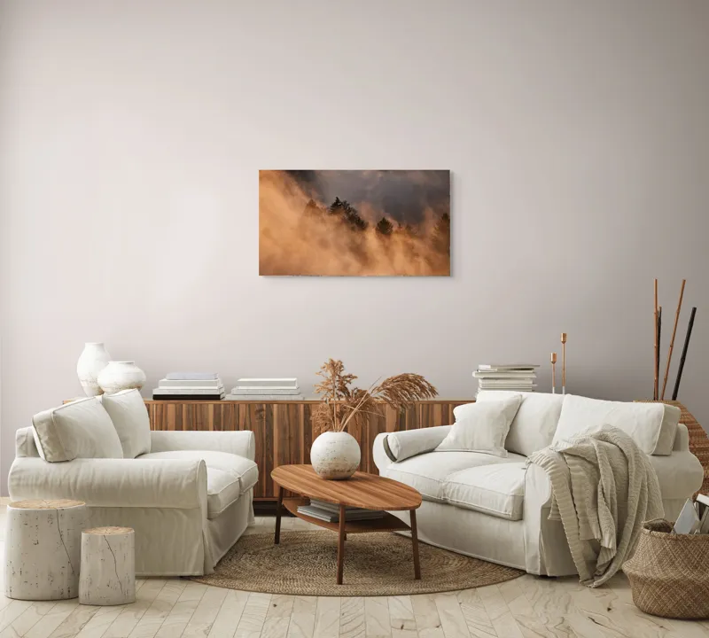 Tablou Canvas, "Misterul pădurii încremenite în ceață", Nor, Aur, Pădure, Mister, Lumină, Umbre, Vârfuri, Ceață, Apus, Natură, 90 x 50 cm – poza 4