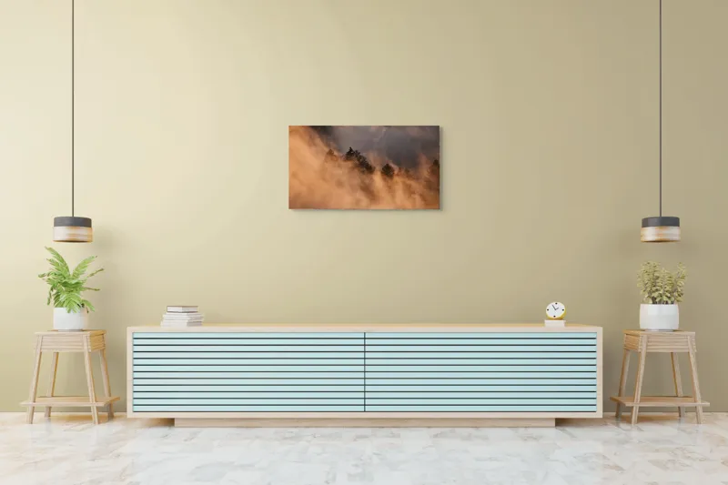 Tablou Canvas, "Misterul pădurii încremenite în ceață", Nor, Aur, Pădure, Mister, Lumină, Umbre, Vârfuri, Ceață, Apus, Natură, 90 x 50 cm – poza 5