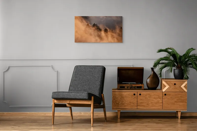 Tablou Canvas, "Misterul pădurii încremenite în ceață", Nor, Aur, Pădure, Mister, Lumină, Umbre, Vârfuri, Ceață, Apus, Natură, 90 x 50 cm – poza 6