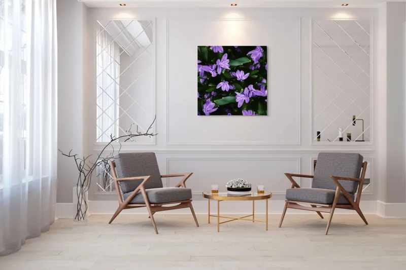 Tablou Canvas, "Splendoarea purpurie a primăverii", Flori, Violete, Petale, Natură, Verdeață, Frumusețe, Delicatețe, Prospețime, Primăvară, Eleganță, 100 x 100 cm – poza 7