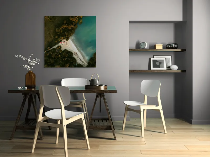 Tablou Canvas, "Tărâm de vis la marginea apei", Plajă, Apă, Verdeață, Copaci, Vedere, Aerială, Peisaj, Nisip, Natură, Tranquilitate, 100 x 100 cm – poza 6