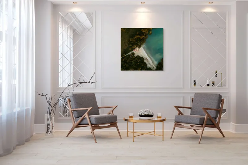 Tablou Canvas, "Tărâm de vis la marginea apei", Plajă, Apă, Verdeață, Copaci, Vedere, Aerială, Peisaj, Nisip, Natură, Tranquilitate, 100 x 100 cm – poza 7