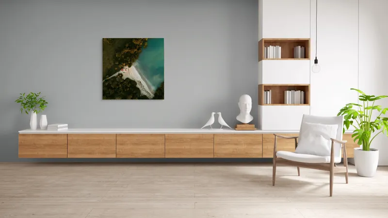 Tablou Canvas, "Tărâm de vis la marginea apei", Plajă, Apă, Verdeață, Copaci, Vedere, Aerială, Peisaj, Nisip, Natură, Tranquilitate, 100 x 100 cm – poza 8