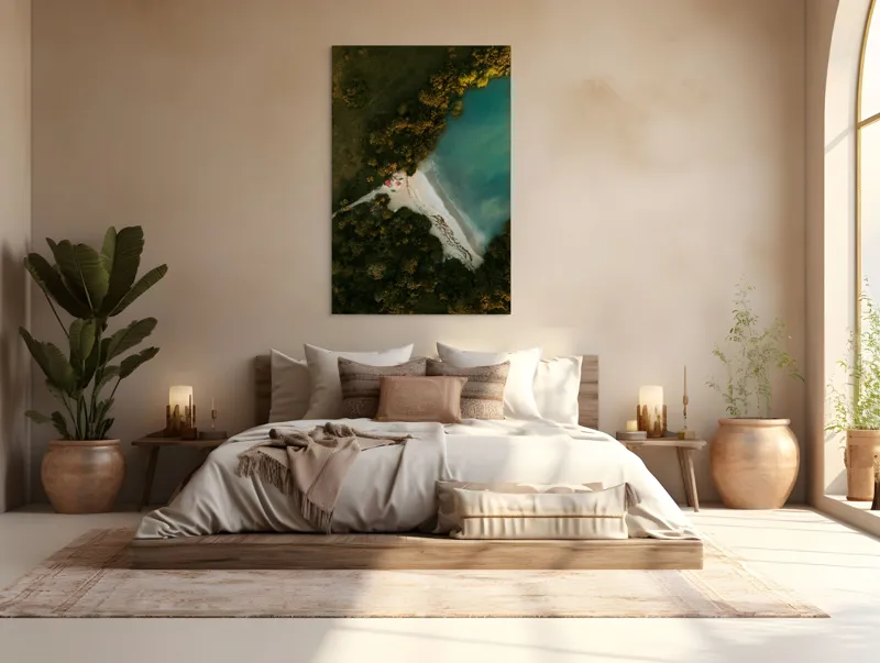 Tablou Canvas, "Tărâm de vis la marginea apei", Plajă, Apă, Verdeață, Copaci, Vedere, Aerială, Peisaj, Nisip, Natură, Tranquilitate, 100 x 150 cm – poza 3