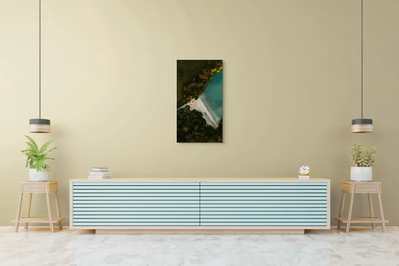 Tablou Canvas, "Tărâm de vis la marginea apei", Plajă, Apă, Verdeață, Copaci, Vedere, Aerială, Peisaj, Nisip, Natură, Tranquilitate, 50 x 90 cm – poza 6
