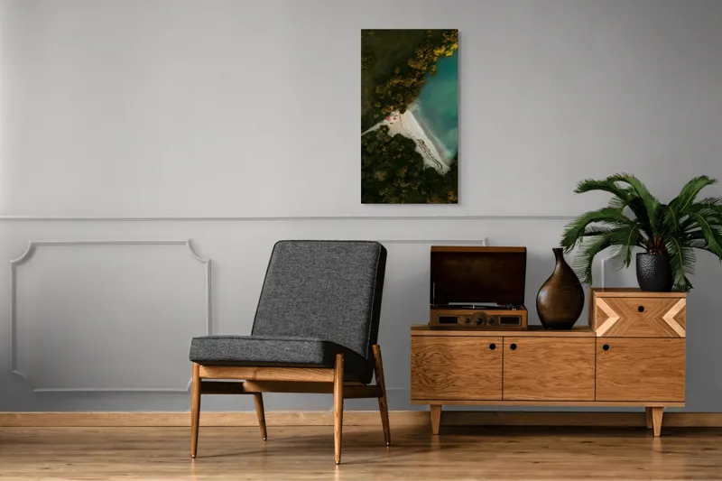 Tablou Canvas, "Tărâm de vis la marginea apei", Plajă, Apă, Verdeață, Copaci, Vedere, Aerială, Peisaj, Nisip, Natură, Tranquilitate, 50 x 90 cm – poza 8