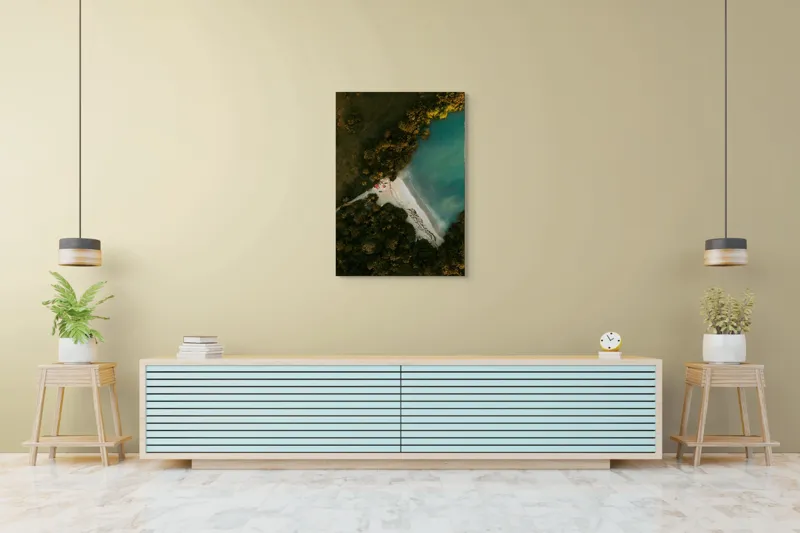 Tablou Canvas, "Tărâm de vis la marginea apei", Plajă, Apă, Verdeață, Copaci, Vedere, Aerială, Peisaj, Nisip, Natură, Tranquilitate, 70 x 100 cm – poza 5
