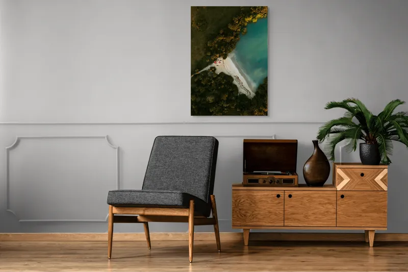 Tablou Canvas, "Tărâm de vis la marginea apei", Plajă, Apă, Verdeață, Copaci, Vedere, Aerială, Peisaj, Nisip, Natură, Tranquilitate, 70 x 100 cm – poza 6