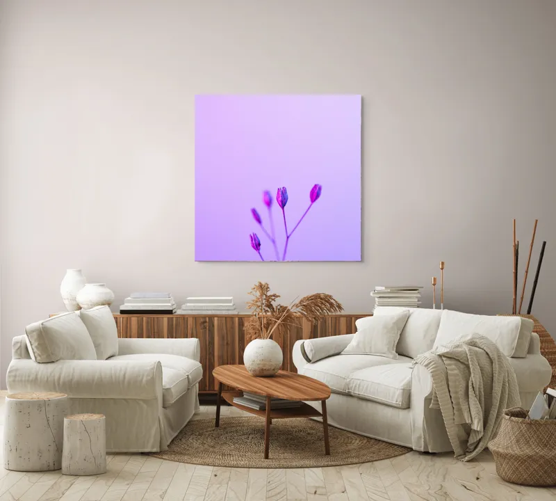 Tablou Canvas, "Boboci timizi pe fundal mov", Flori, Buds, Liliac, Minimalism, Calm, Simplu, Pastel, 100 x 100 cm – poza 3