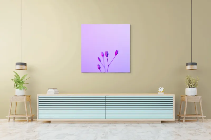 Tablou Canvas, "Boboci timizi pe fundal mov", Flori, Buds, Liliac, Minimalism, Calm, Simplu, Pastel, 100 x 100 cm – poza 5