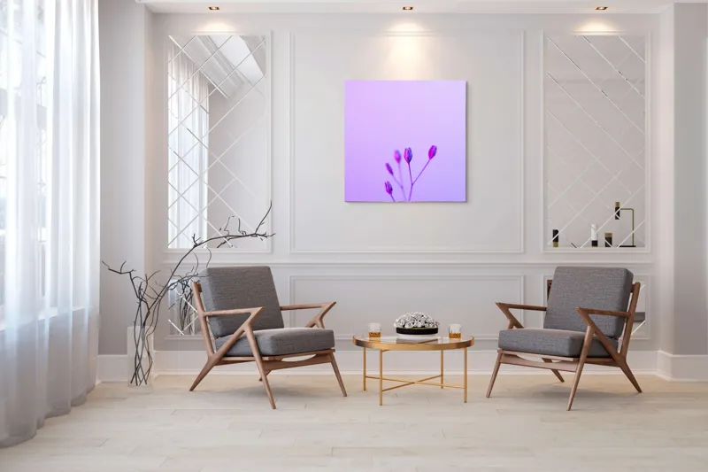 Tablou Canvas, "Boboci timizi pe fundal mov", Flori, Buds, Liliac, Minimalism, Calm, Simplu, Pastel, 100 x 100 cm – poza 7