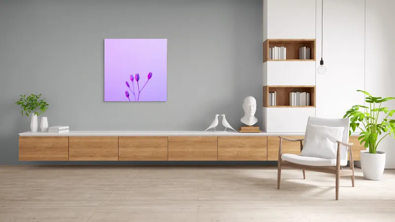 Tablou Canvas, "Boboci timizi pe fundal mov", Flori, Buds, Liliac, Minimalism, Calm, Simplu, Pastel, 100 x 100 cm – poza 8