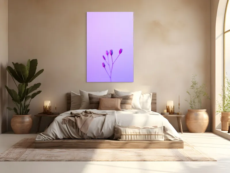 Tablou Canvas, "Boboci timizi pe fundal mov", Flori, Buds, Liliac, Minimalism, Calm, Simplu, Pastel, 100 x 150 cm – poza 3