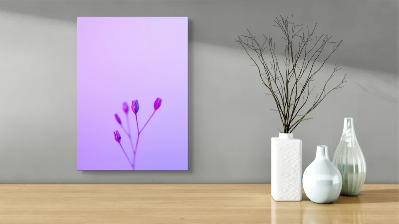 Tablou Canvas, "Boboci timizi pe fundal mov", Flori, Buds, Liliac, Minimalism, Calm, Simplu, Pastel, 39 x 54 cm – poza 4