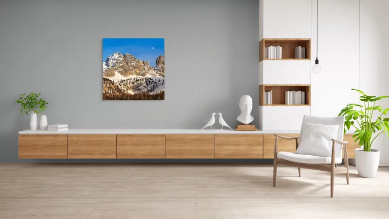 Tablou Canvas, "Luna se ridică peste munți", Munți, Zăpadă, Pădure, Cer, Lună, Stânci, 100 x 100 cm – poza 8