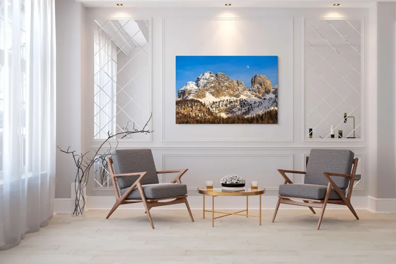 Tablou Canvas, "Luna se ridică peste munți", Munți, Zăpadă, Pădure, Cer, Lună, Stânci, 150 x 100 cm – poza 7
