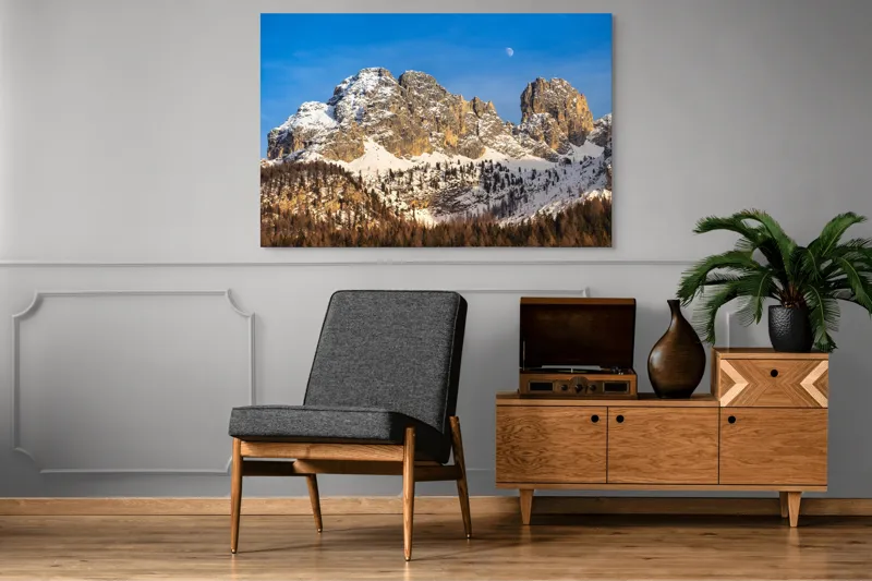 Tablou Canvas, "Luna se ridică peste munți", Munți, Zăpadă, Pădure, Cer, Lună, Stânci, 150 x 100 cm – poza 8