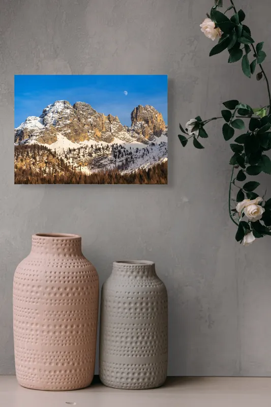 Tablou Canvas, "Luna se ridică peste munți", Munți, Zăpadă, Pădure, Cer, Lună, Stânci, 54 x 39 cm – poza 8