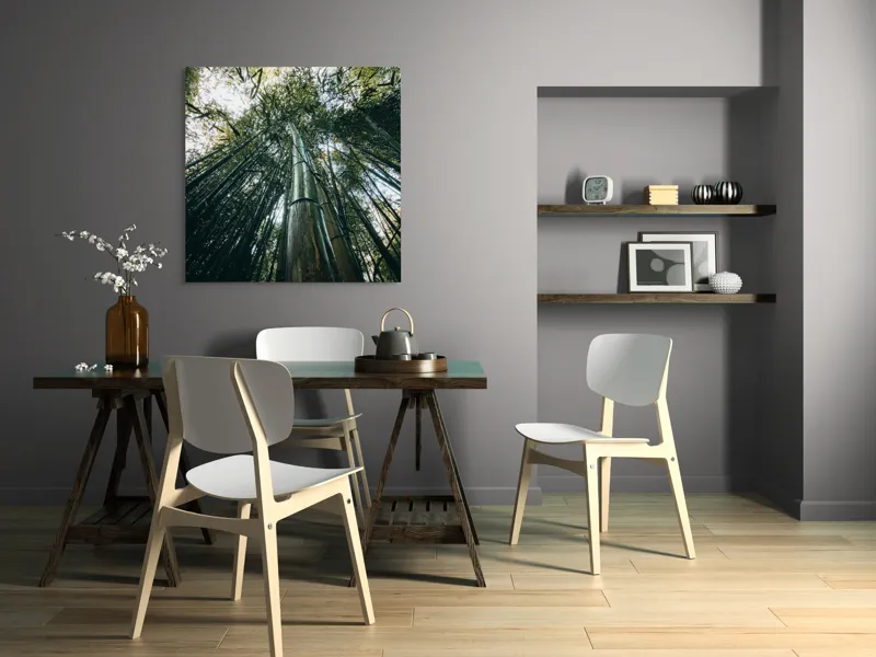 Tablou Canvas, "Pădurea de bambus înălțându-se spre cer", Verde, Bambus, Înalt, Natură, Cer, Frunziș, Lumină, Perspectivă, Tulpină, Vitalitate, 100 x 100 cm – poza 6