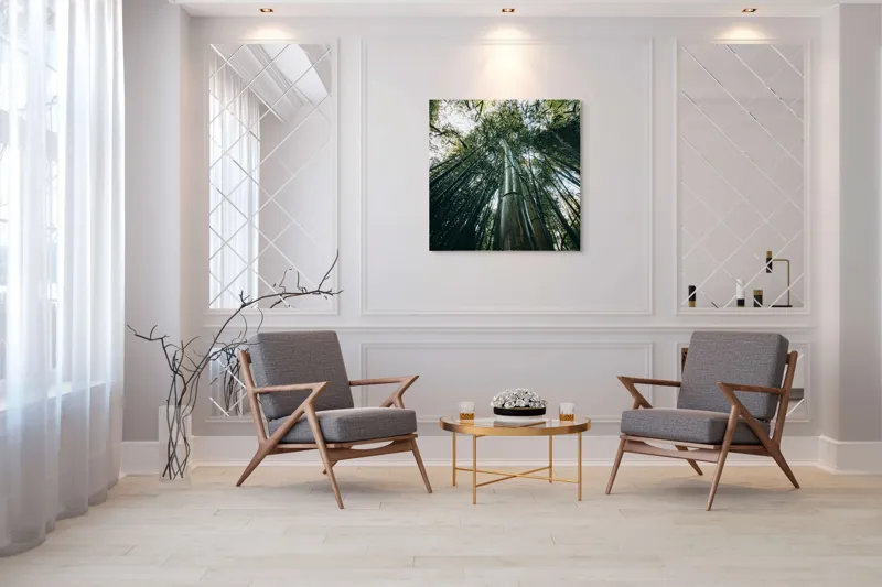 Tablou Canvas, "Pădurea de bambus înălțându-se spre cer", Verde, Bambus, Înalt, Natură, Cer, Frunziș, Lumină, Perspectivă, Tulpină, Vitalitate, 100 x 100 cm – poza 7