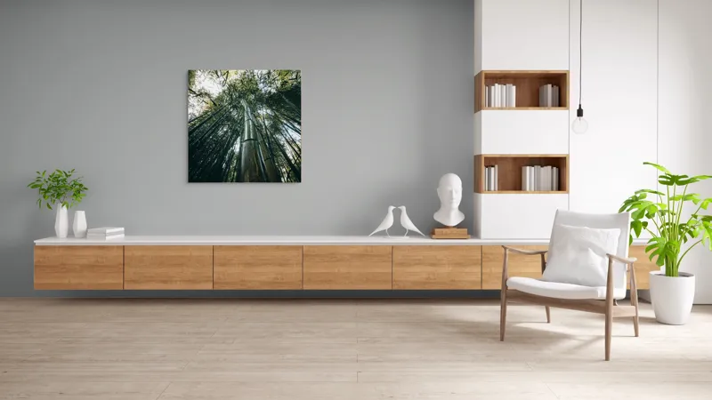 Tablou Canvas, "Pădurea de bambus înălțându-se spre cer", Verde, Bambus, Înalt, Natură, Cer, Frunziș, Lumină, Perspectivă, Tulpină, Vitalitate, 100 x 100 cm – poza 8
