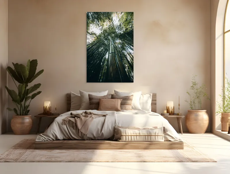Tablou Canvas, "Pădurea de bambus înălțându-se spre cer", Verde, Bambus, Înalt, Natură, Cer, Frunziș, Lumină, Perspectivă, Tulpină, Vitalitate, 100 x 150 cm – poza 3