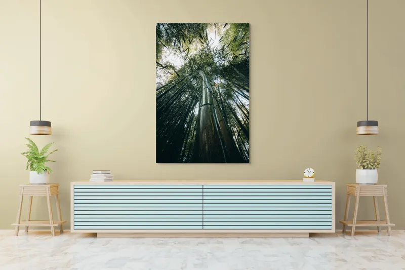 Tablou Canvas, "Pădurea de bambus înălțându-se spre cer", Verde, Bambus, Înalt, Natură, Cer, Frunziș, Lumină, Perspectivă, Tulpină, Vitalitate, 100 x 150 cm – poza 4
