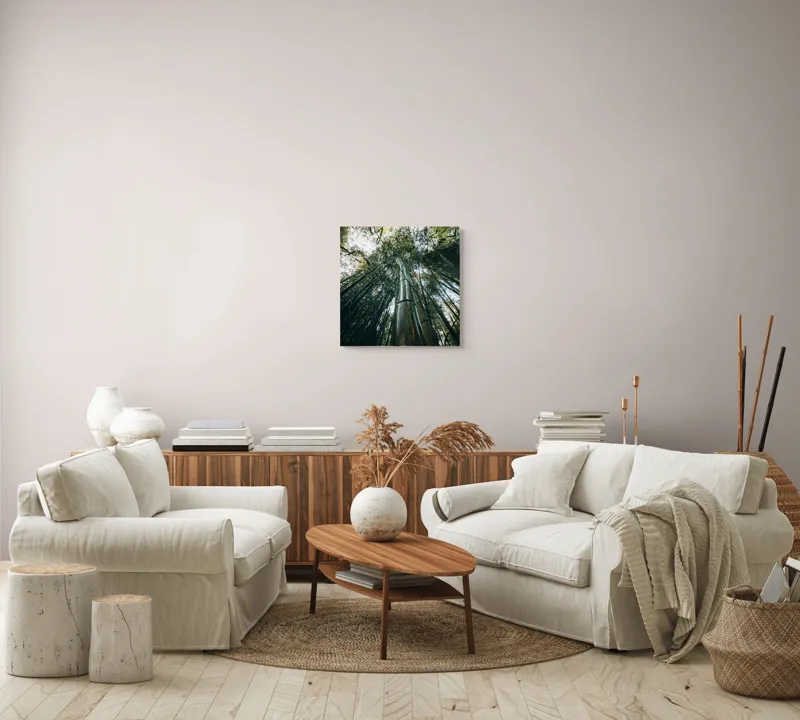 Tablou Canvas, "Pădurea de bambus înălțându-se spre cer", Verde, Bambus, Înalt, Natură, Cer, Frunziș, Lumină, Perspectivă, Tulpină, Vitalitate, 50 x 50 cm – poza 7