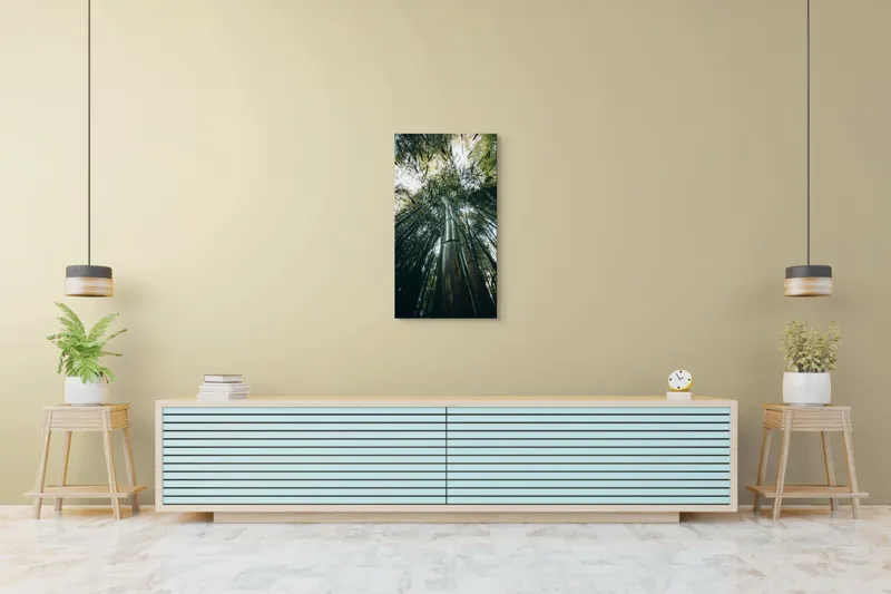 Tablou Canvas, "Pădurea de bambus înălțându-se spre cer", Verde, Bambus, Înalt, Natură, Cer, Frunziș, Lumină, Perspectivă, Tulpină, Vitalitate, 50 x 90 cm – poza 6
