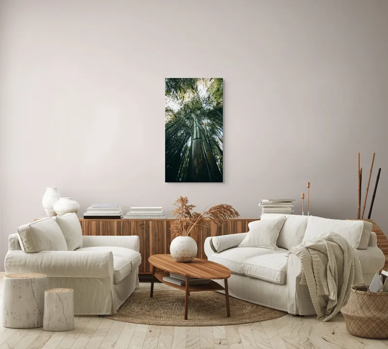 Tablou Canvas, "Pădurea de bambus înălțându-se spre cer", Verde, Bambus, Înalt, Natură, Cer, Frunziș, Lumină, Perspectivă, Tulpină, Vitalitate, 50 x 90 cm – poza 7