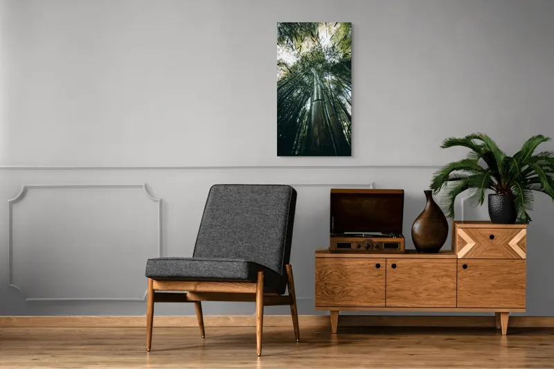 Tablou Canvas, "Pădurea de bambus înălțându-se spre cer", Verde, Bambus, Înalt, Natură, Cer, Frunziș, Lumină, Perspectivă, Tulpină, Vitalitate, 50 x 90 cm – poza 8