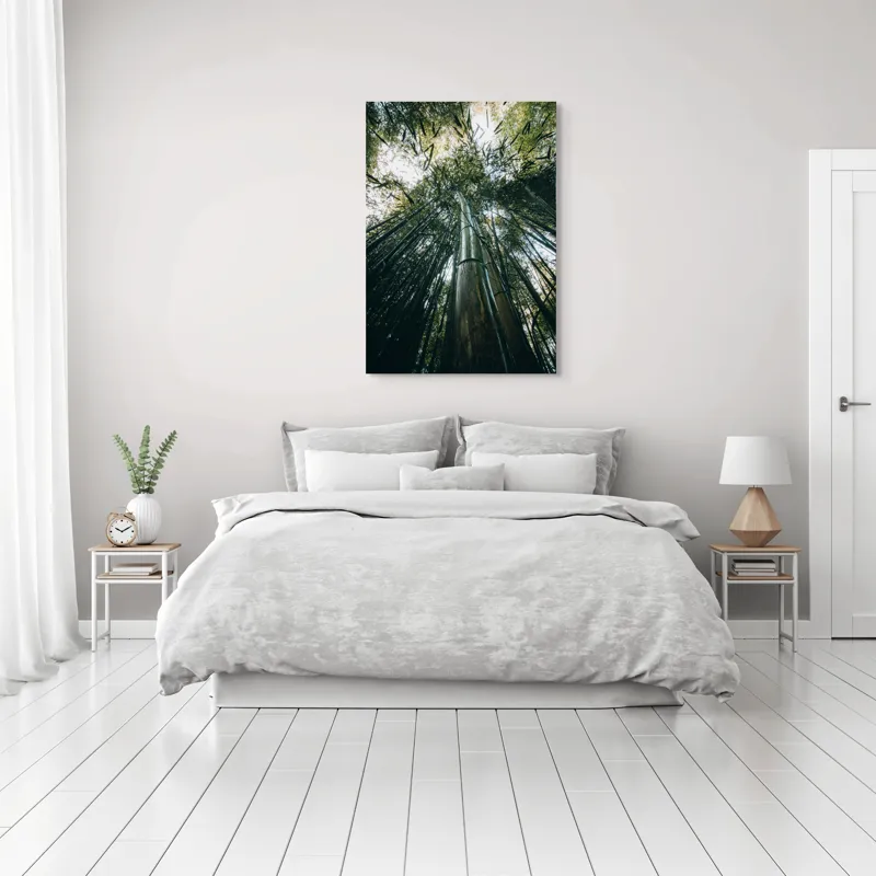 Tablou Canvas, "Pădurea de bambus înălțându-se spre cer", Verde, Bambus, Înalt, Natură, Cer, Frunziș, Lumină, Perspectivă, Tulpină, Vitalitate, 70 x 100 cm – poza 3