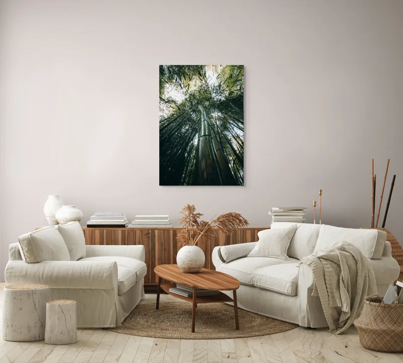 Tablou Canvas, "Pădurea de bambus înălțându-se spre cer", Verde, Bambus, Înalt, Natură, Cer, Frunziș, Lumină, Perspectivă, Tulpină, Vitalitate, 70 x 100 cm – poza 4