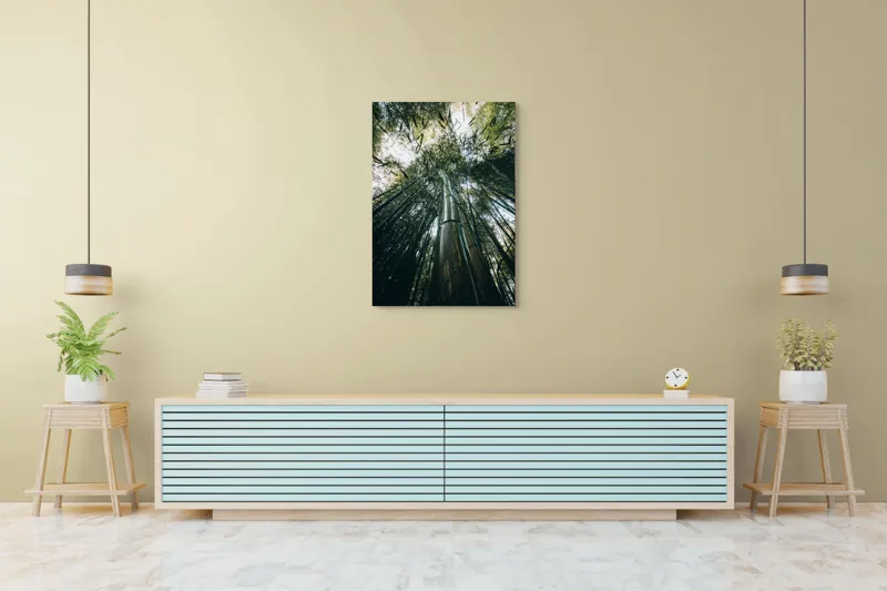 Tablou Canvas, "Pădurea de bambus înălțându-se spre cer", Verde, Bambus, Înalt, Natură, Cer, Frunziș, Lumină, Perspectivă, Tulpină, Vitalitate, 70 x 100 cm – poza 5
