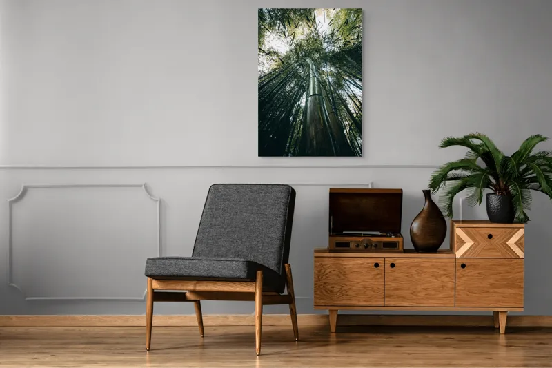 Tablou Canvas, "Pădurea de bambus înălțându-se spre cer", Verde, Bambus, Înalt, Natură, Cer, Frunziș, Lumină, Perspectivă, Tulpină, Vitalitate, 70 x 100 cm – poza 6