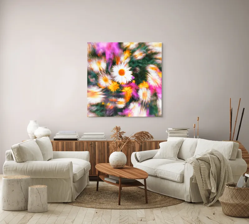 Tablou Canvas, "Vârtej floral într-o vară colorată", Flori, Culori, Dinamism, Energie, Vioiciune, Natură, Petale, Vârtej, Primăvară, Strălucire, 100 x 100 cm – poza 3