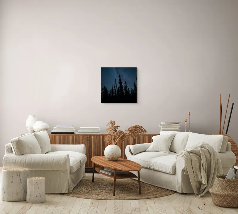 Tablou Canvas, "Cer înstelat peste pădurea tăcută", Stele, Cer, Pini, Noapte, Siluetă, Pădure, Întuneric, 50 x 50 cm – poza 7