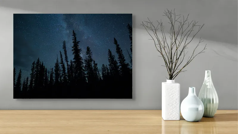 Tablou Canvas, "Cer înstelat peste pădurea tăcută", Stele, Cer, Pini, Noapte, Siluetă, Pădure, Întuneric, 70 x 50 cm – poza 3