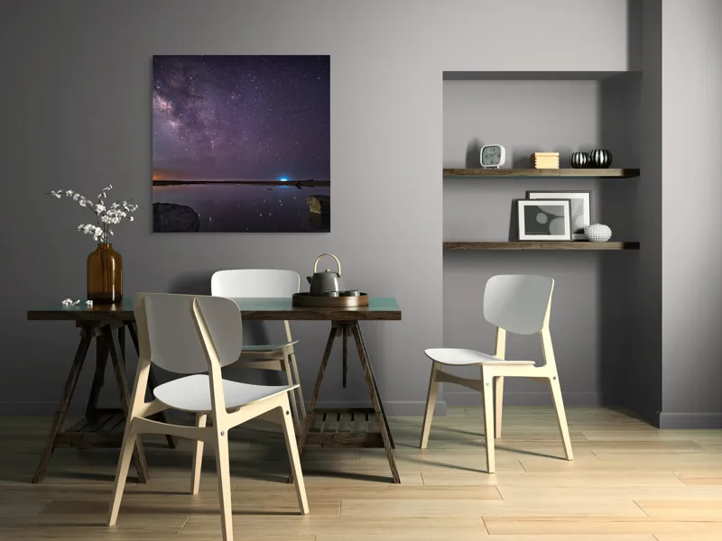 Tablou Canvas, "Calea Lactee deasupra oceanului liniștit", Stele, Reflecție, Cer, Noapte, Lumină, Ocean, Roci, Orizont, 100 x 100 cm – poza 6