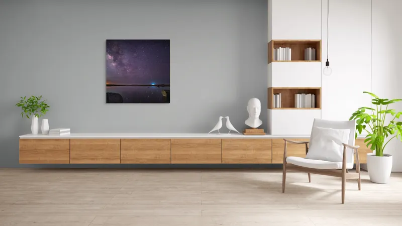 Tablou Canvas, "Calea Lactee deasupra oceanului liniștit", Stele, Reflecție, Cer, Noapte, Lumină, Ocean, Roci, Orizont, 100 x 100 cm – poza 8
