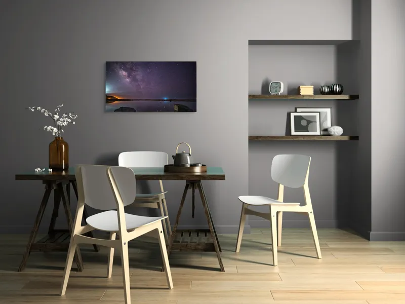 Tablou Canvas, "Calea Lactee deasupra oceanului liniștit", Stele, Reflecție, Cer, Noapte, Lumină, Ocean, Roci, Orizont, 90 x 50 cm – poza 3