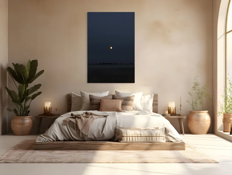 Tablou Canvas, "Luna strălucind peste câmp întunecat", Lună, Noapte, Cer, Siluetă, Mister, Liniște, Întuneric, Natură, Frumusețe, Calm, 100 x 150 cm – poza 3