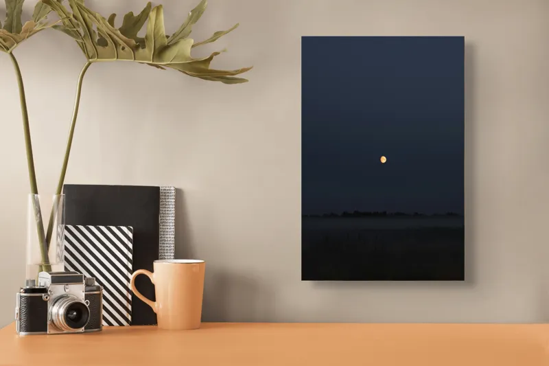 Tablou Canvas, "Luna strălucind peste câmp întunecat", Lună, Noapte, Cer, Siluetă, Mister, Liniște, Întuneric, Natură, Frumusețe, Calm, 26 x 39 cm – poza 3