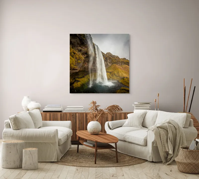 Tablou Canvas, "Cascada tainică din munții verzi", Cascadă, Apă, Roci, Mușchi, Cer, Natură, Inalt., 100 x 100 cm – poza 3