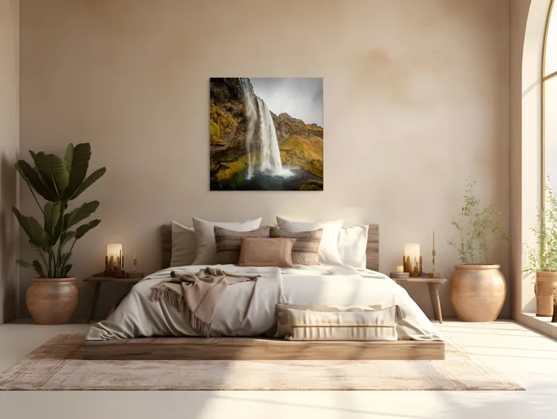 Tablou Canvas, "Cascada tainică din munții verzi", Cascadă, Apă, Roci, Mușchi, Cer, Natură, Inalt., 100 x 100 cm – poza 4