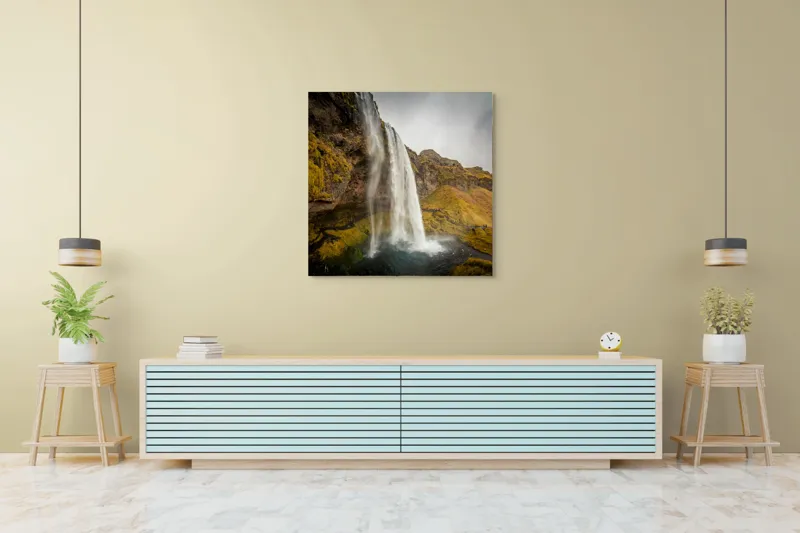 Tablou Canvas, "Cascada tainică din munții verzi", Cascadă, Apă, Roci, Mușchi, Cer, Natură, Inalt., 100 x 100 cm – poza 5