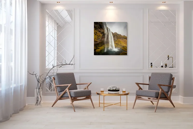 Tablou Canvas, "Cascada tainică din munții verzi", Cascadă, Apă, Roci, Mușchi, Cer, Natură, Inalt., 100 x 100 cm – poza 7