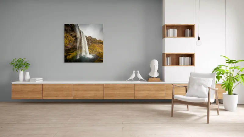 Tablou Canvas, "Cascada tainică din munții verzi", Cascadă, Apă, Roci, Mușchi, Cer, Natură, Inalt., 100 x 100 cm – poza 8