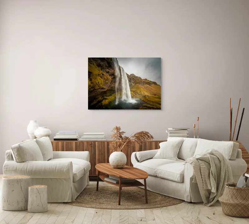 Tablou Canvas, "Cascada tainică din munții verzi", Cascadă, Apă, Roci, Mușchi, Cer, Natură, Inalt., 100 x 70 cm – poza 3