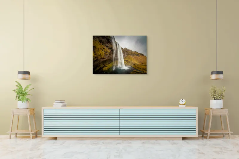 Tablou Canvas, "Cascada tainică din munții verzi", Cascadă, Apă, Roci, Mușchi, Cer, Natură, Inalt., 100 x 70 cm – poza 4